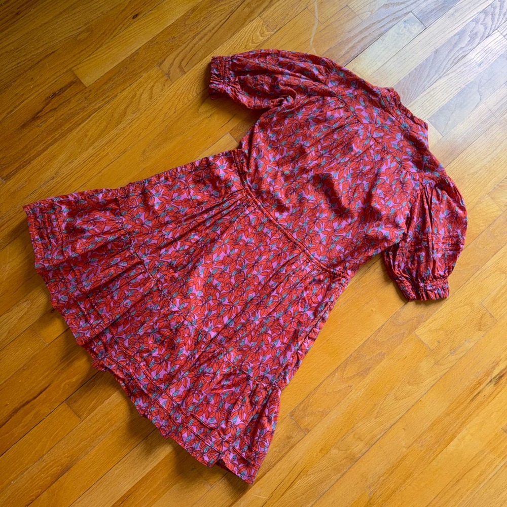 Trovata Birds of Paradis Red Pink Floral Cotton Puff Sleeve Mini Dress S Cottage - Picture 9 of 9